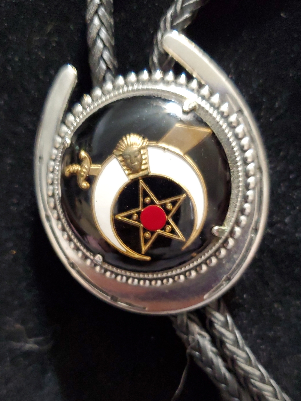 Shriners Masonic Bolo Tie Crescent Moon Scimitar Star Red Enamel Vintage